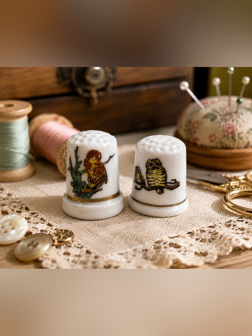 Vintage Owl Thimble Pair • Porcelain Collectible Bird Sewing Memorabilia 🦉